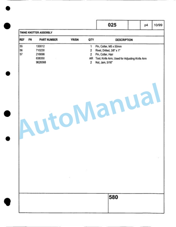 Ford New Holland 580 Baler Service Parts Catalogue 86604655-4
