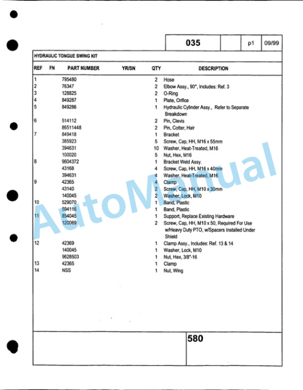 Ford New Holland 580 Baler Service Parts Catalogue 86604655-5