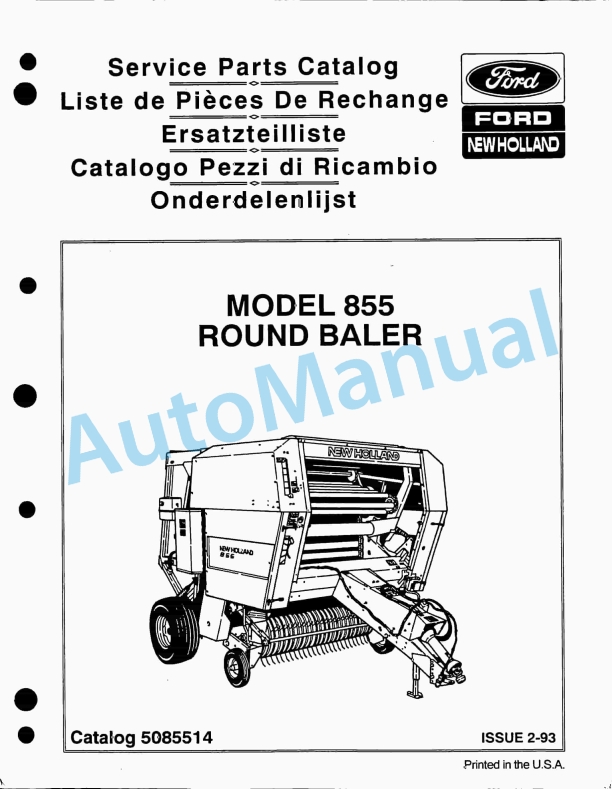Ford New Holland 855 Round Baler Service Parts Catalogue 5085514