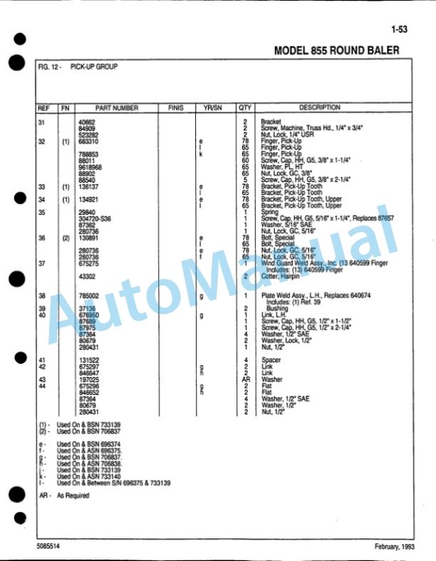 Ford New Holland 855 Round Baler Service Parts Catalogue 5085514-2
