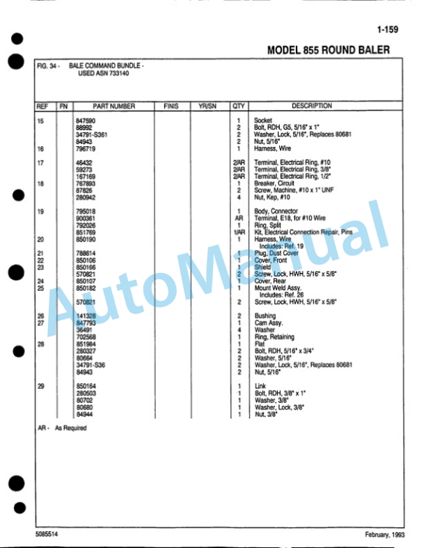 Ford New Holland 855 Round Baler Service Parts Catalogue 5085514-4