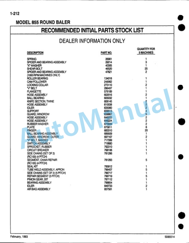 Ford New Holland 855 Round Baler Service Parts Catalogue 5085514-5
