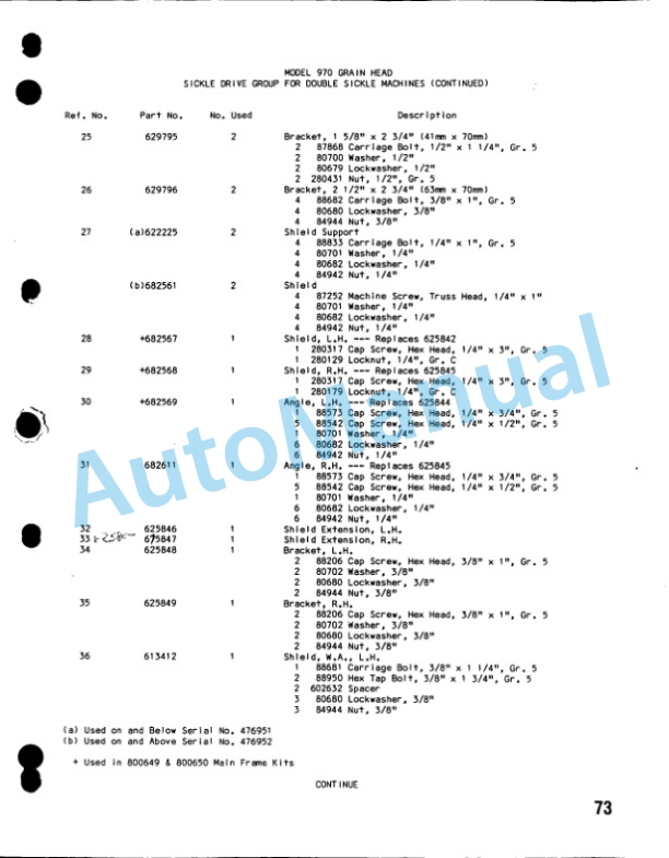 Ford New Holland 970, 972 Grain Head Service Parts Catalogue 5097022-4