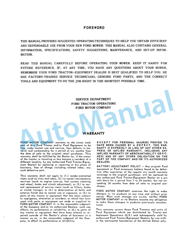 Ford New Holland Rotary Mower-36-Inch for Ford Lawn and Garden Tractor Operation and Maintenance Manual 42641054-2