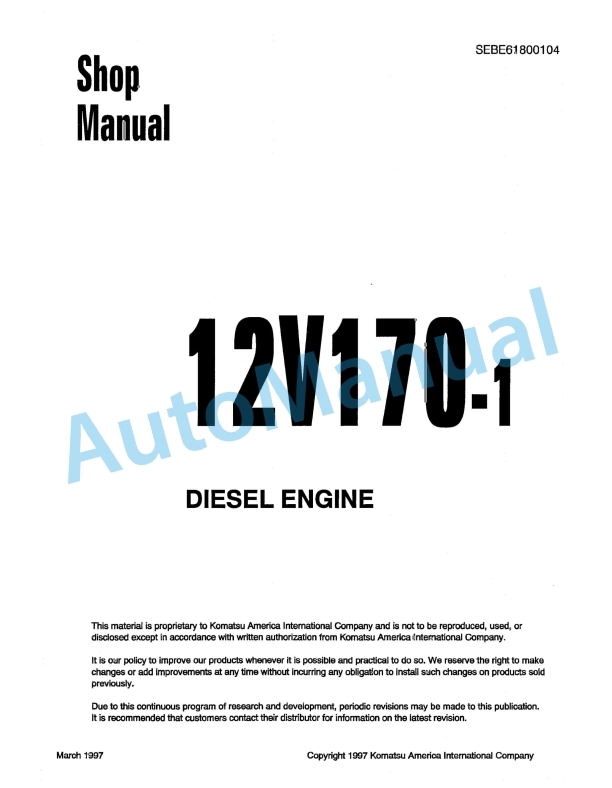Komatsu 12V170-1 Diesel Engine Shop Manual SEBE61800104