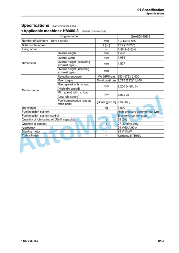 Alternative view of Komatsu 140E-6 Series Engine Shop Manual SEN05641-03