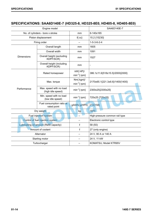 Alternative view of Komatsu 140E-7 Series Engine Shop Manual SEN06498-09