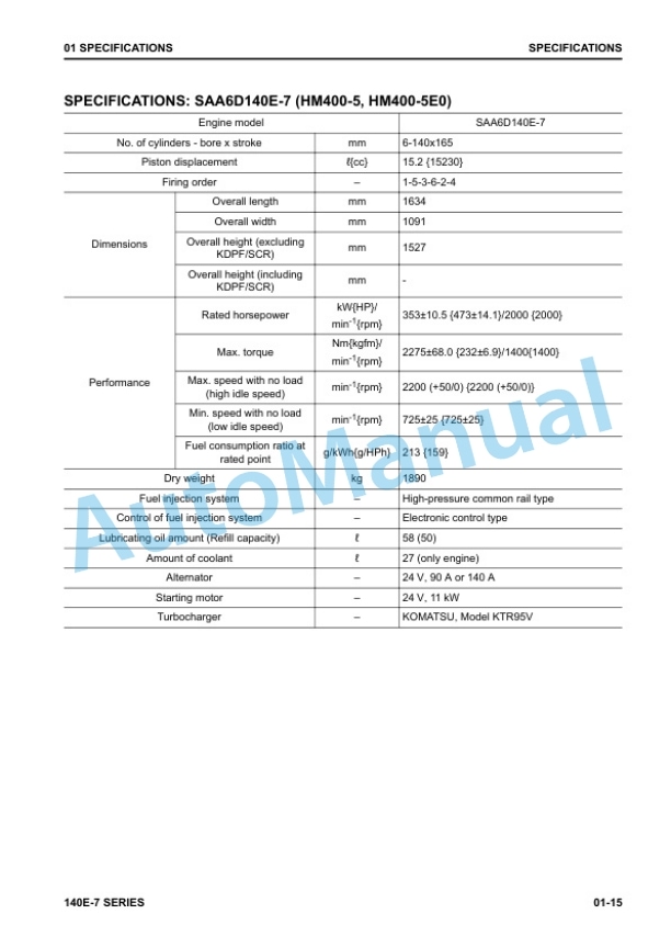 Alternative view of Komatsu 140E-7 Series Engine Shop Manual SEN06498-10