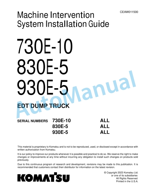 Komatsu 730E-10, 830E-5, 930E-5 EDT Dump Truck Machine Intervention System Installation Guide CEAW011500