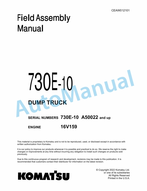 Komatsu 730E-10 Dump Truck Field Assembly Instruction CEAW012101