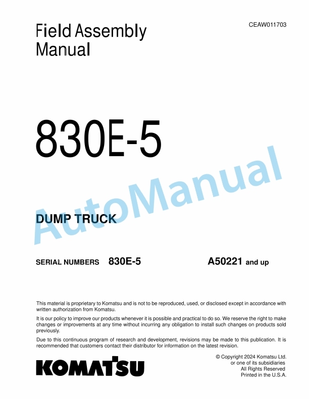 Komatsu 830E-5 Dump Truck Field Assembly Instruction CEAW011703