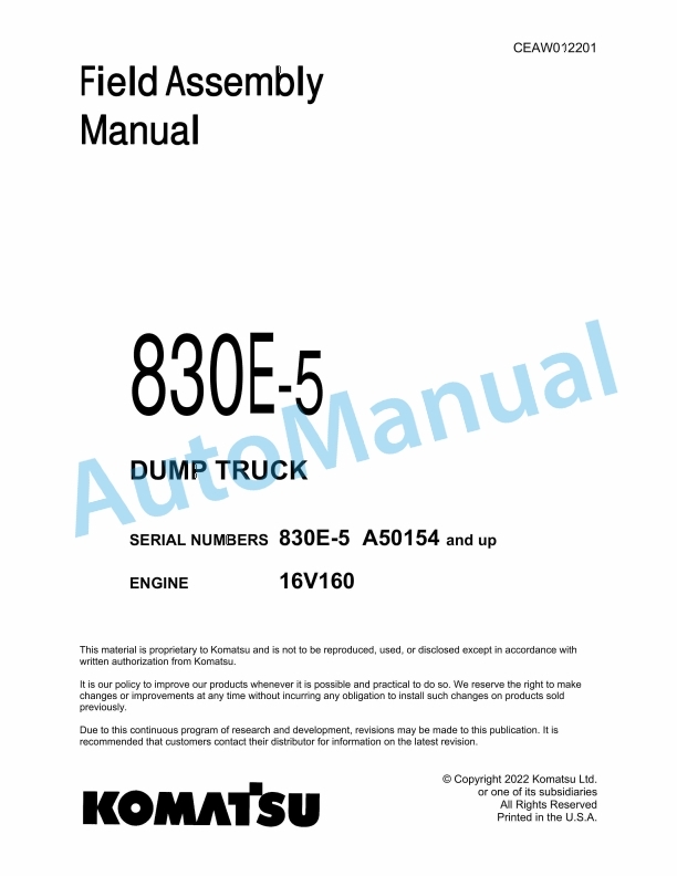 Komatsu 830E-5 Dump Truck Field Assembly Instruction CEAW012201