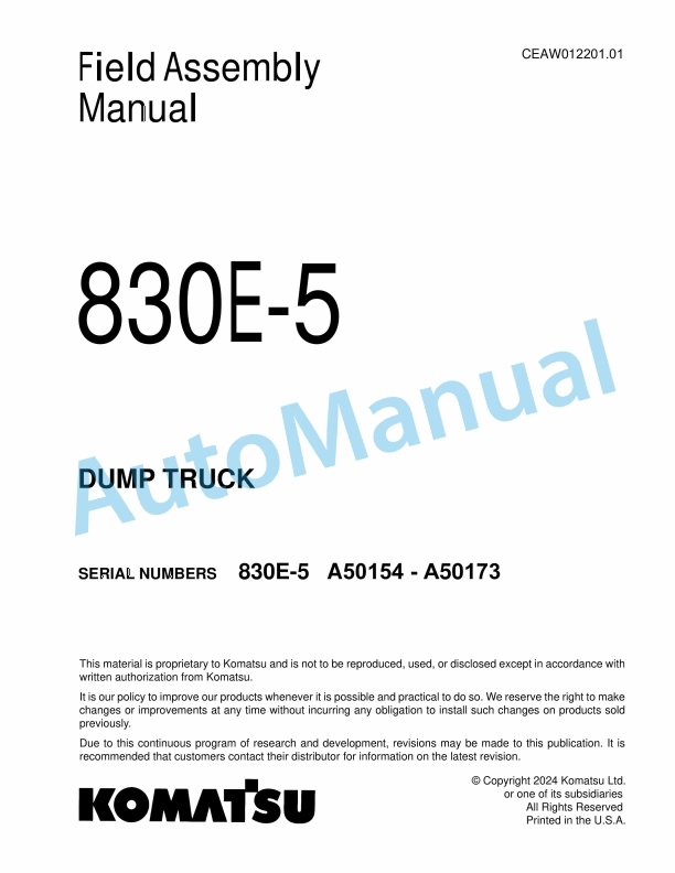 Komatsu 830E-5 Dump Truck Field Assembly Instruction CEAW012201.01