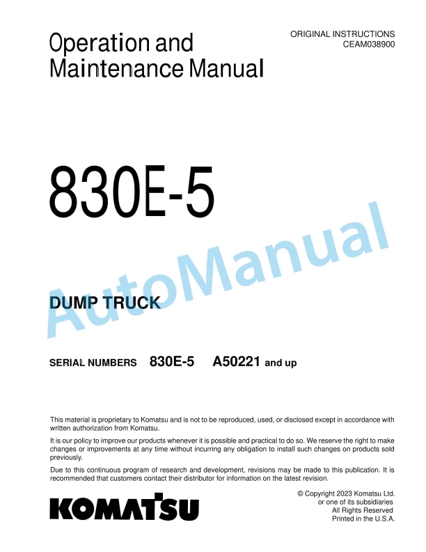 Komatsu 830E-5 Dump Truck Operation and Maintenance Manual CEAM038900