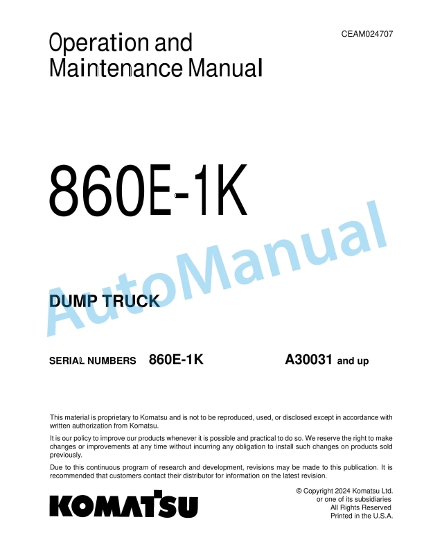 Komatsu 860E-1K Dump Truck Operation and Maintenance Manual CEAM024707
