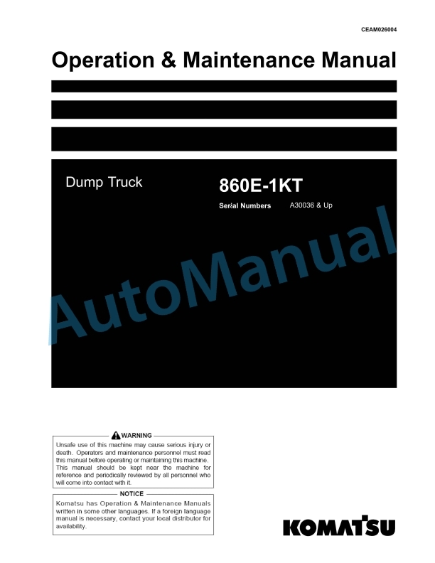 Komatsu 860E-1KT Dump Truck Operation and Maintenance Manual CEAM026004