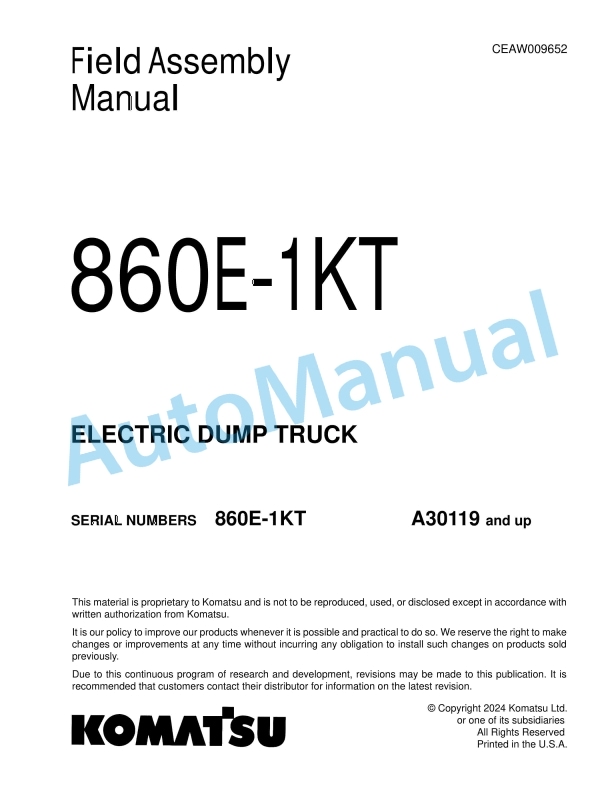 Komatsu 860E-1KT Electric Dump Truck Field Assembly Instruction CEAW009652