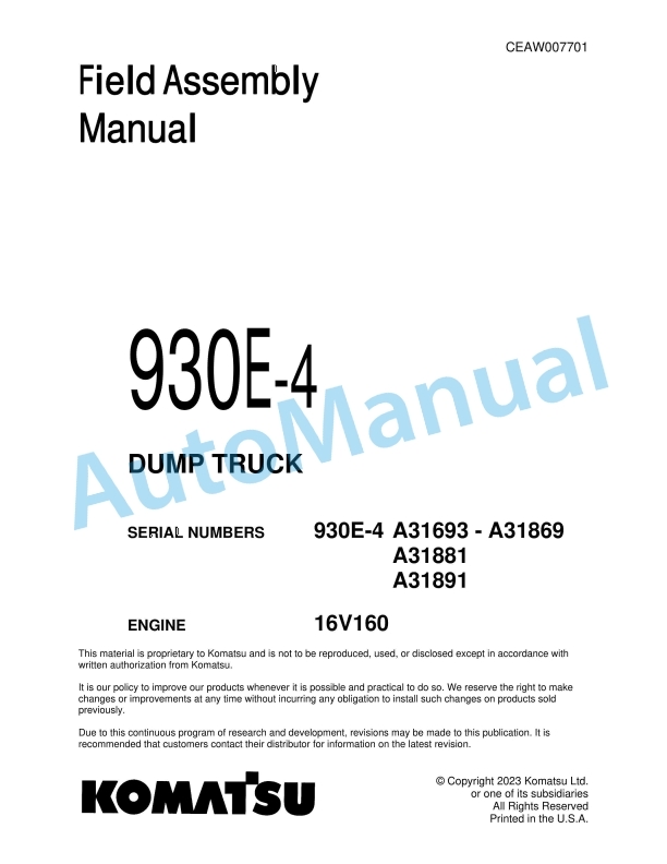 Komatsu 930E-4 Dump Truck Field Assembly Instruction CEAW007701