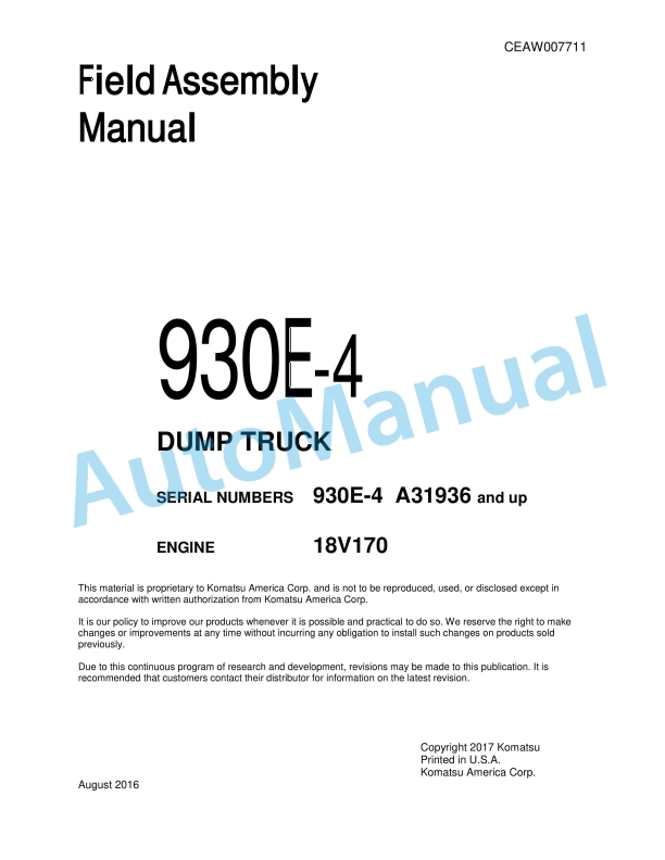 Komatsu 930E-4 Dump Truck Field Assembly Instruction CEAW007711