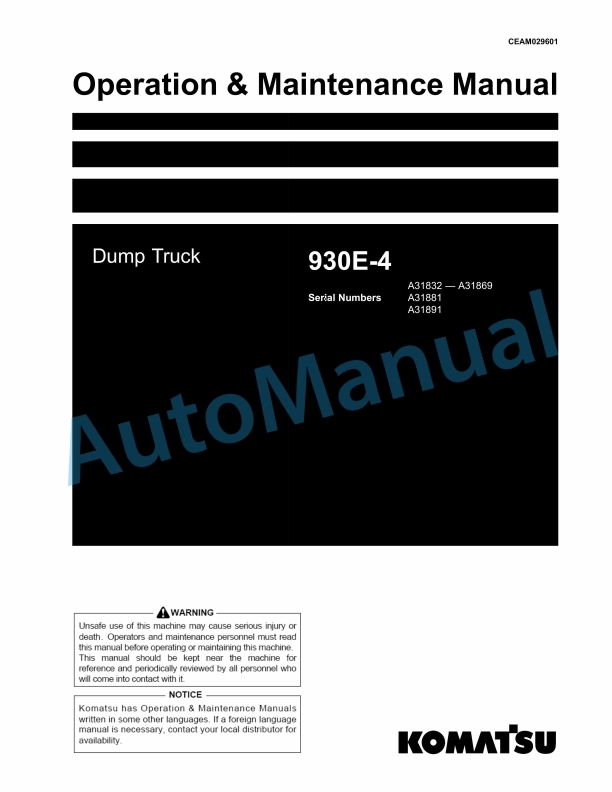 Komatsu 930E-4 Dump Truck Operation and Maintenance Manual CEAM029601