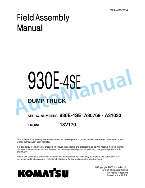Komatsu 930E-4SE Dump Truck Field Assembly Instruction CEAW006204