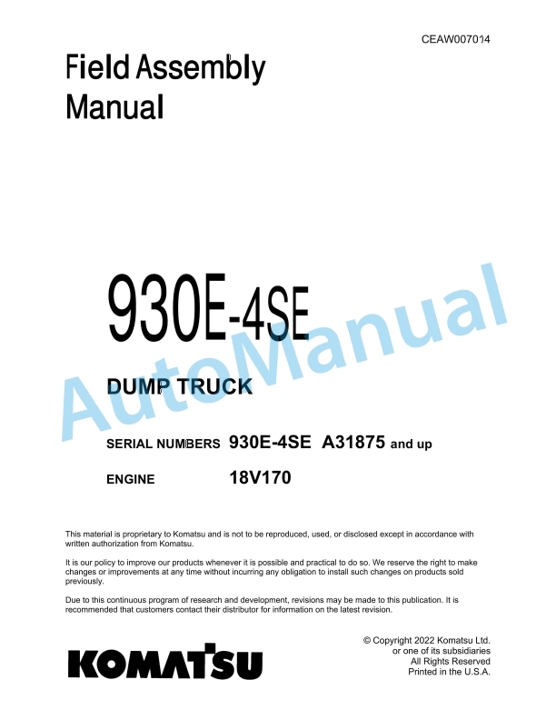 Komatsu 930E-4SE Dump Truck Field Assembly Instruction CEAW007014