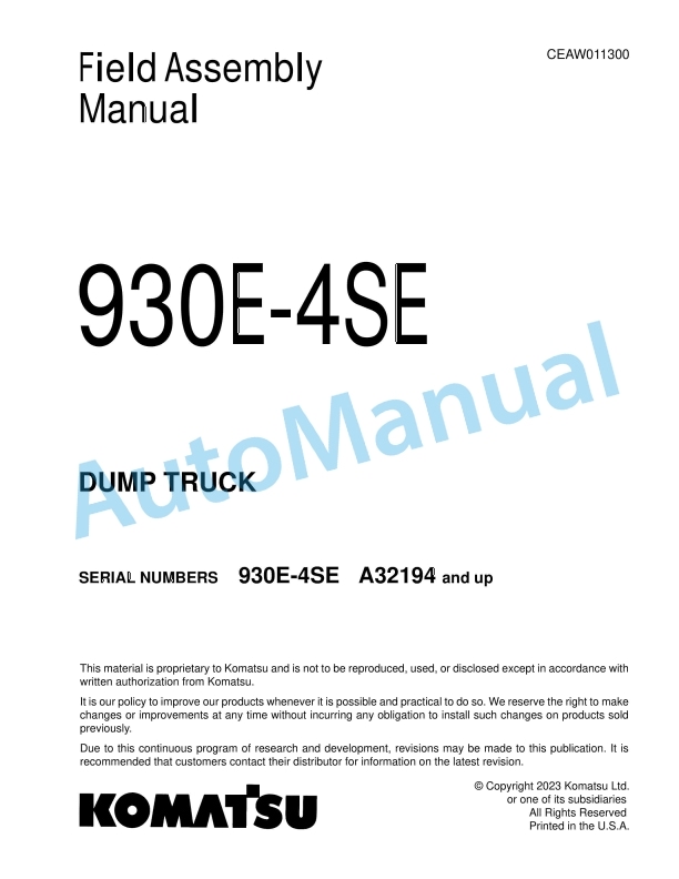 Komatsu 930E-4SE Dump Truck Field Assembly Instruction CEAW011300