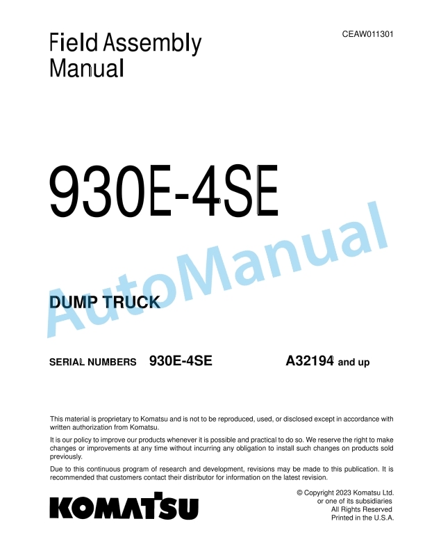 Komatsu 930E-4SE Dump Truck Field Assembly Instruction CEAW011301