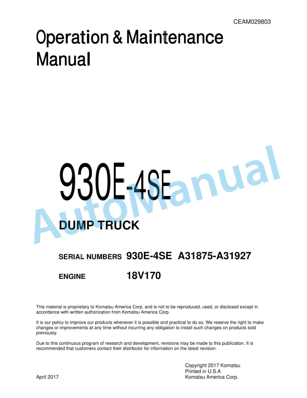 Komatsu 930E-4SE Dump Truck Operation and Maintenance Manual CEAM029803