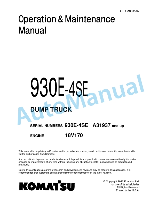 Komatsu 930E-4SE Dump Truck Operation and Maintenance Manual CEAM031507