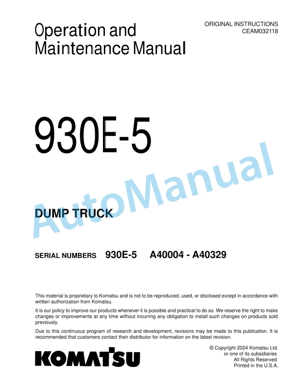 Komatsu 930E-5 Dump Truck Operation and Maintenance Manual CEAM032118