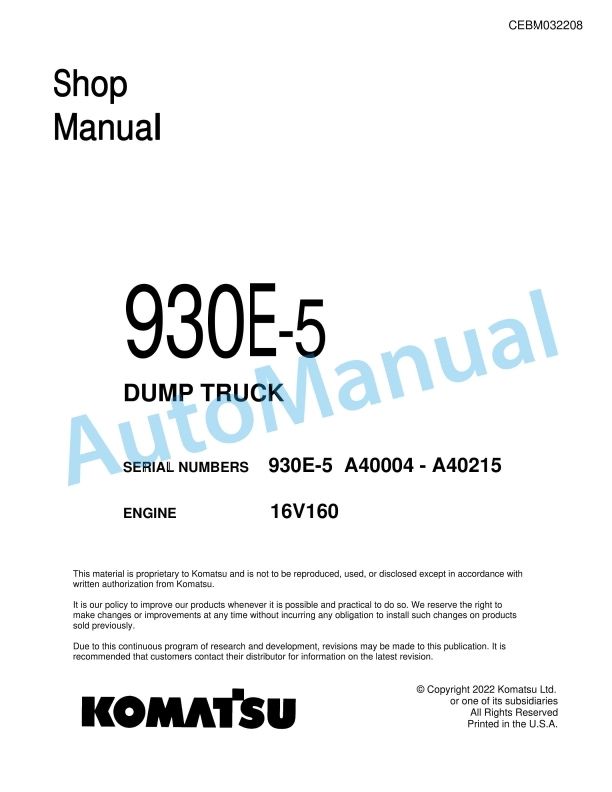 Komatsu 930E-5 Dump Truck Shop Manual CEBM032208 1 Komatsu 930E-5 Dump Truck Shop Manual CEBM032208