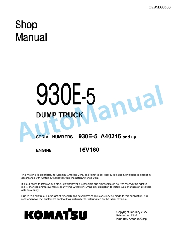 Komatsu 930E-5 Dump Truck Shop Manual CEBM036500 1 Komatsu 930E-5 Dump Truck Shop Manual CEBM036500