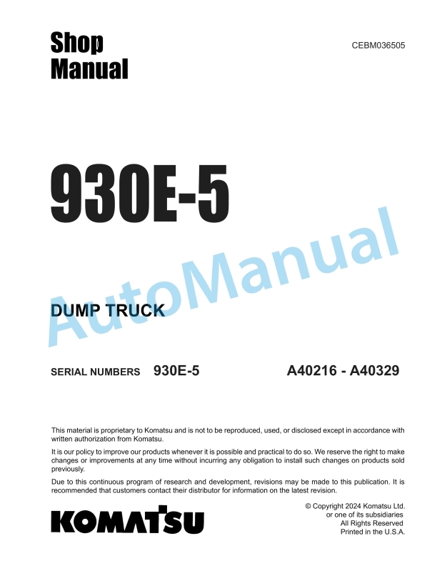 Komatsu 930E-5 Dump Truck Shop Manual CEBM036505 1 Komatsu 930E-5 Dump Truck Shop Manual CEBM036505