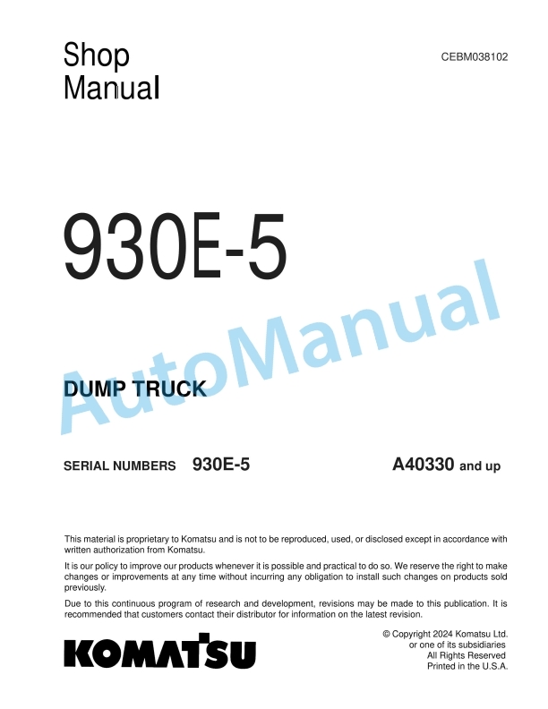 Komatsu 930E-5 Dump Truck Shop Manual CEBM038102 1 Komatsu 930E-5 Dump Truck Shop Manual CEBM038102