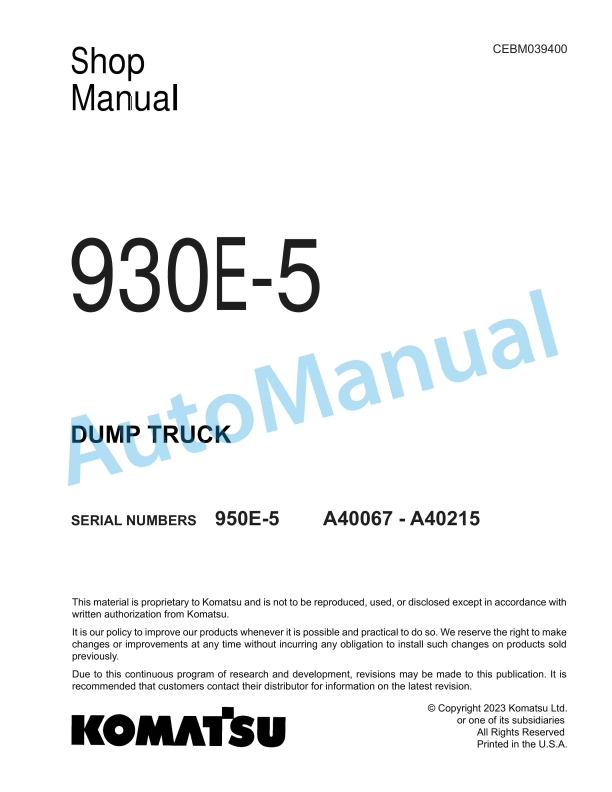 Komatsu 930E-5 Dump Truck Shop Manual CEBM039400 1 Komatsu 930E-5 Dump Truck Shop Manual CEBM039400