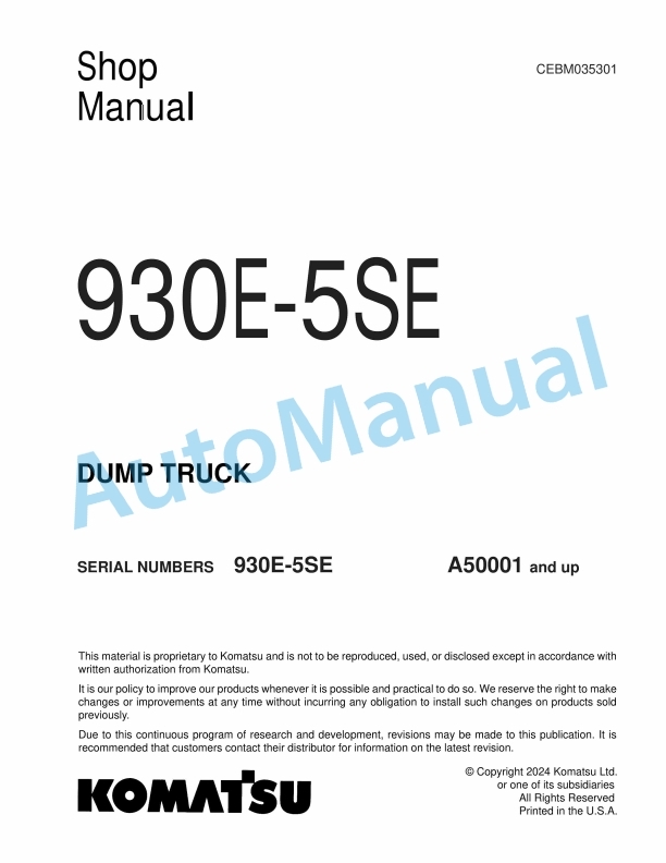 Komatsu 930E-5SE Dump Truck Shop Manual CEBM035301 1 Komatsu 930E-5SE Dump Truck Shop Manual CEBM035301