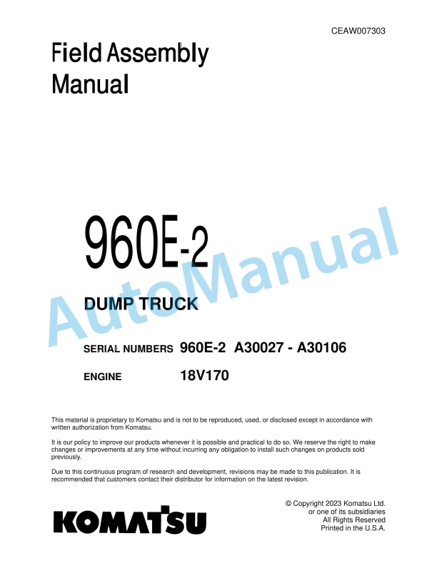 Komatsu 960E-2 Dump Truck Field Assembly Instruction CEAW007303