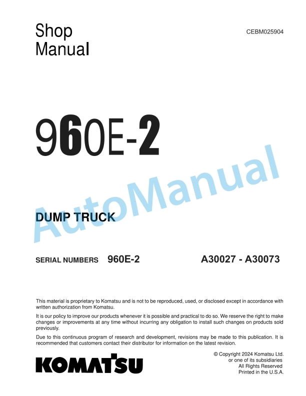 Komatsu 960E-2 Dump Truck Shop Manual CEBM025904 1 Komatsu 960E-2 Dump Truck Shop Manual CEBM025904