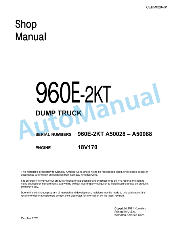 Komatsu 960E-2KT Dump Truck Shop Manual CEBM028401 1 Komatsu 960E-2KT Dump Truck Shop Manual CEBM028401