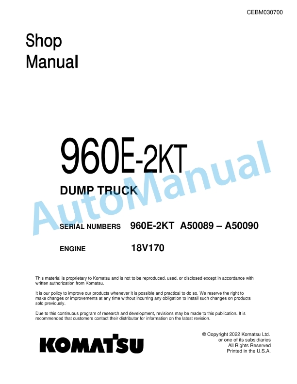 Komatsu 960E-2KT Dump Truck Shop Manual CEBM030700 1 Komatsu 960E-2KT Dump Truck Shop Manual CEBM030700