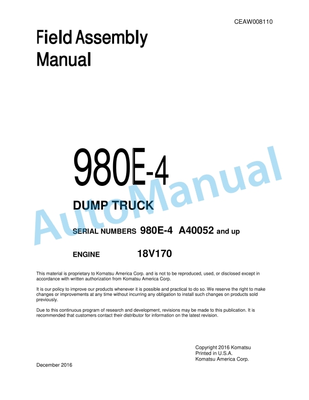 Komatsu 980E-4 Dump Truck Field Assembly Instruction CEAW008110