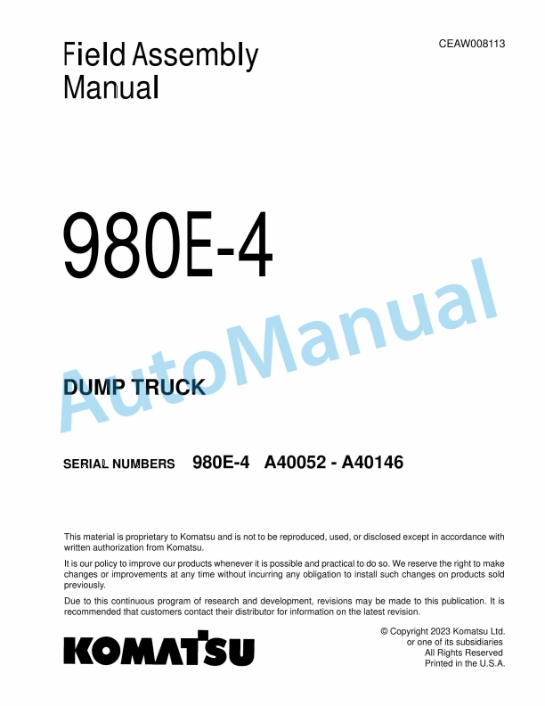 Komatsu 980E-4 Dump Truck Field Assembly Instruction CEAW008113