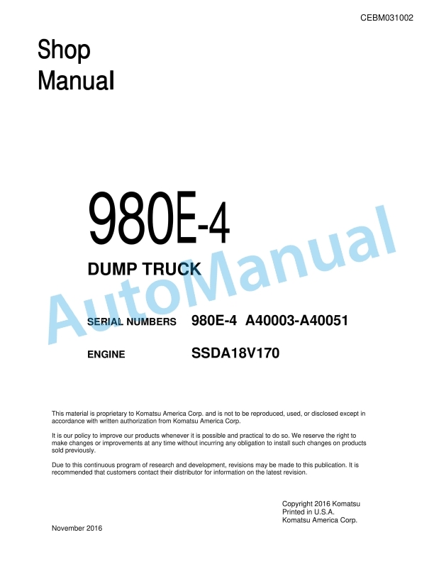 Komatsu 980E-4 Dump Truck Shop Manual CEBM031002 1 Komatsu 980E-4 Dump Truck Shop Manual CEBM031002