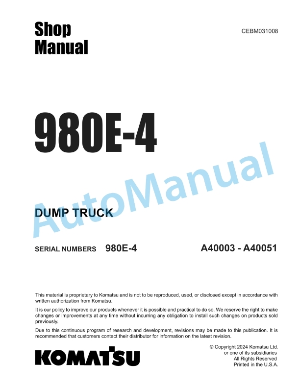 Komatsu 980E-4 Dump Truck Shop Manual CEBM031008 1 Komatsu 980E-4 Dump Truck Shop Manual CEBM031008