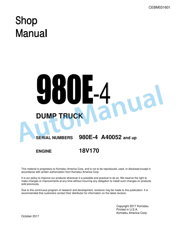 Komatsu 980E-4 Dump Truck Shop Manual CEBM031601 1 Komatsu 980E-4 Dump Truck Shop Manual CEBM031601