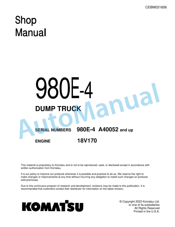 Komatsu 980E-4 Dump Truck Shop Manual CEBM031606 1 Komatsu 980E-4 Dump Truck Shop Manual CEBM031606