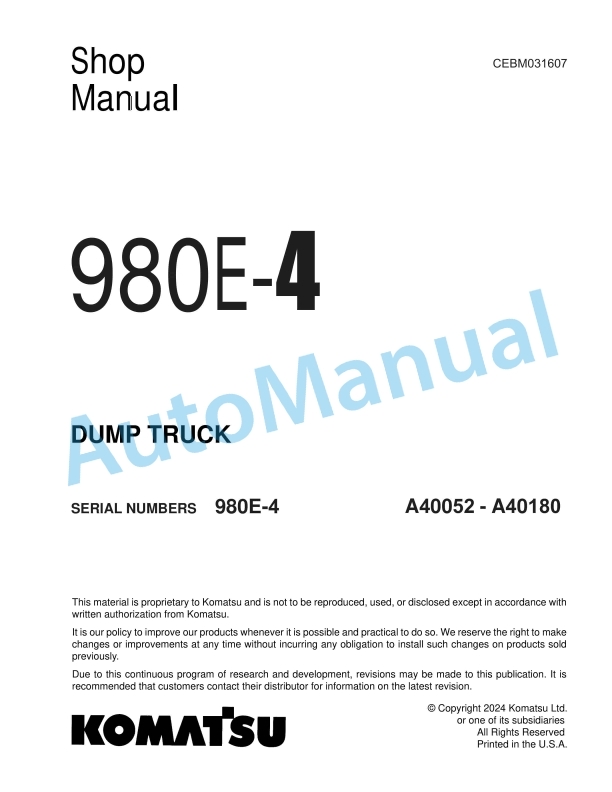 Komatsu 980E-4 Dump Truck Shop Manual CEBM031607 1 Komatsu 980E-4 Dump Truck Shop Manual CEBM031607