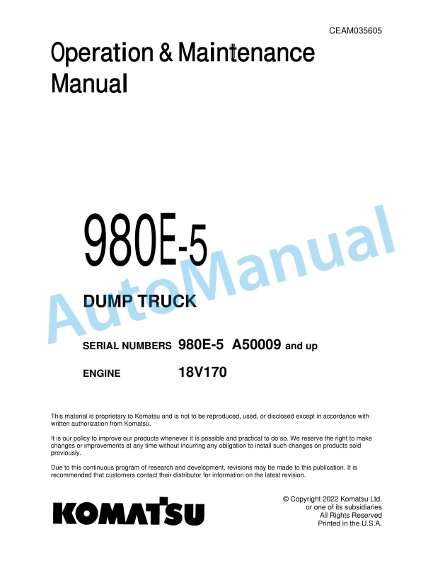 Komatsu 980E-5 Dump Truck Operation and Maintenance Manual CEAM035605