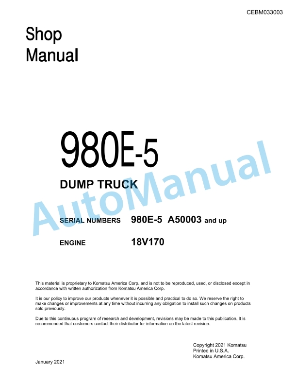 Komatsu 980E-5 Dump Truck Shop Manual CEBM033003 1 Komatsu 980E-5 Dump Truck Shop Manual CEBM033003
